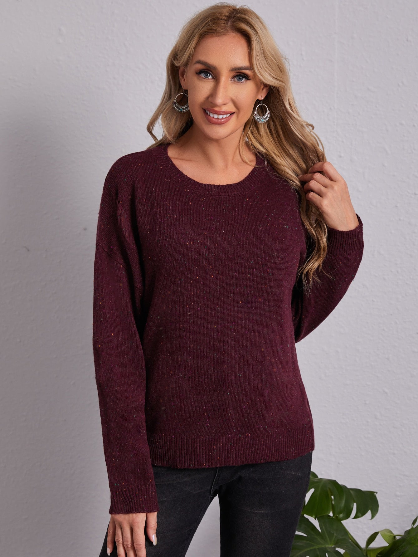 Marled Knit Drop Shoulder Ripped Sweater