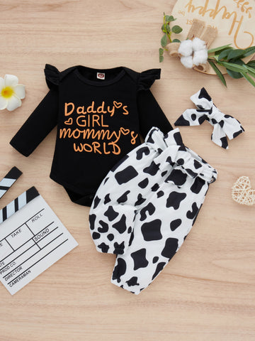 Baby Slogan Graphic Ruffle Trim Bodysuit & Cow Print Belted Pants & Headband