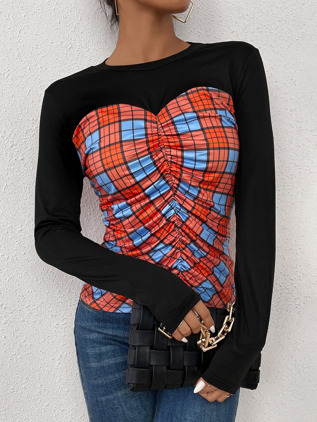 Plaid Panel Ruched Front Tee