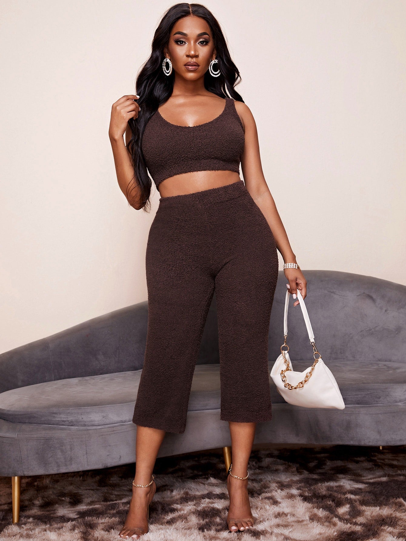 Solid Fuzzy Crop Knit Top And Capris Set