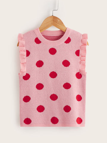 Toddler Girls Polka Dot Frill Trim Sleeveless Sweater