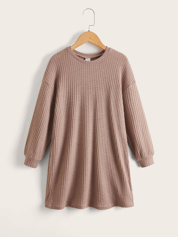 Tween Girl Basic Solid Color Knitted Long Sleeve Round Neck Dress