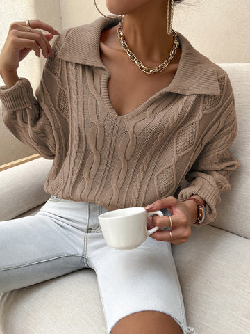 V-neck Collared Cable Knit Sweater