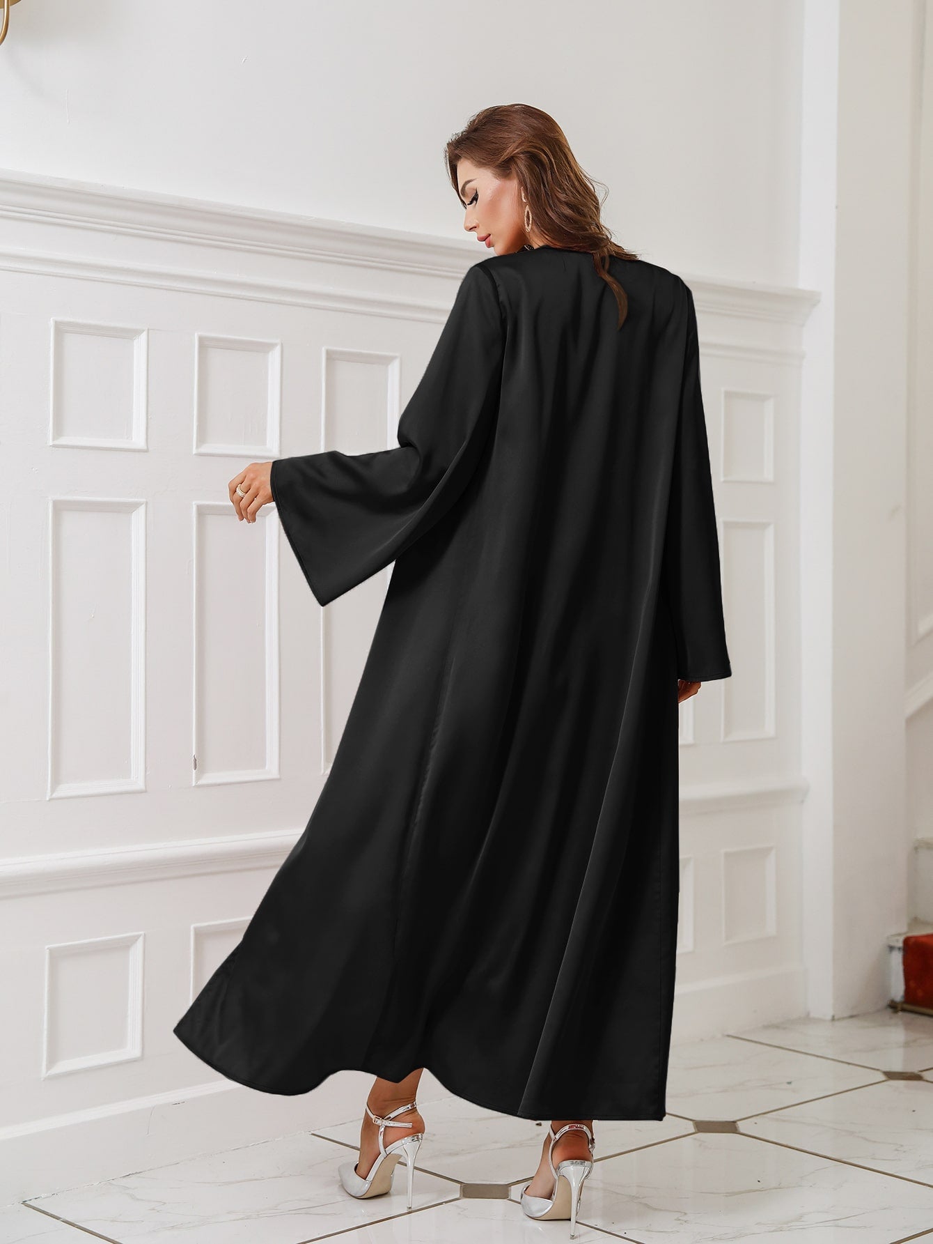 Satin Bell Sleeve Open Front Abaya
