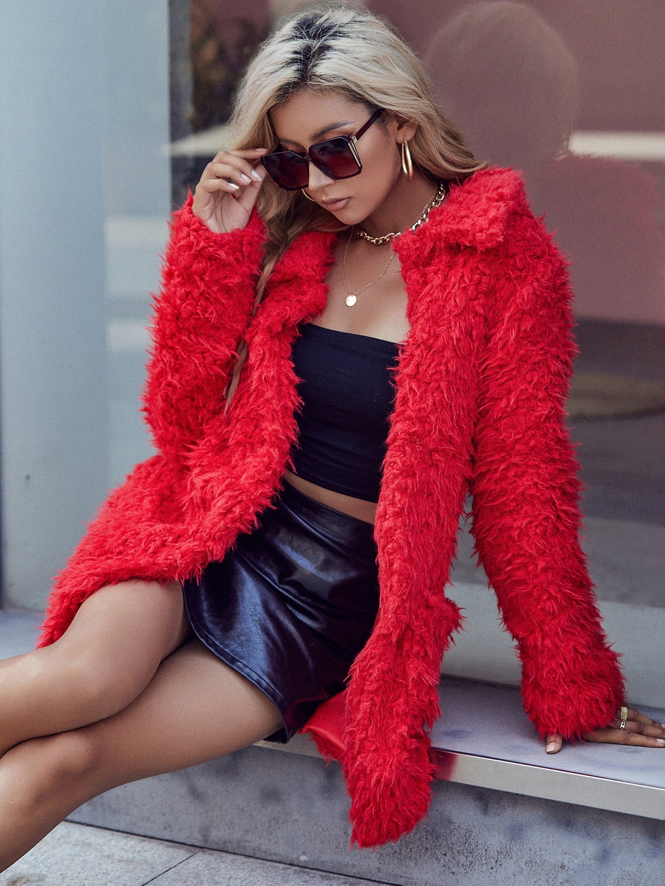 Solid Patch Pocket Fuzzy Coat
