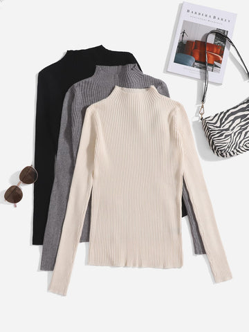 3pcs Solid High Neck Sweater