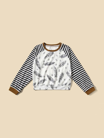 Boys 1pc Striped And Feather Print Sweatshirt