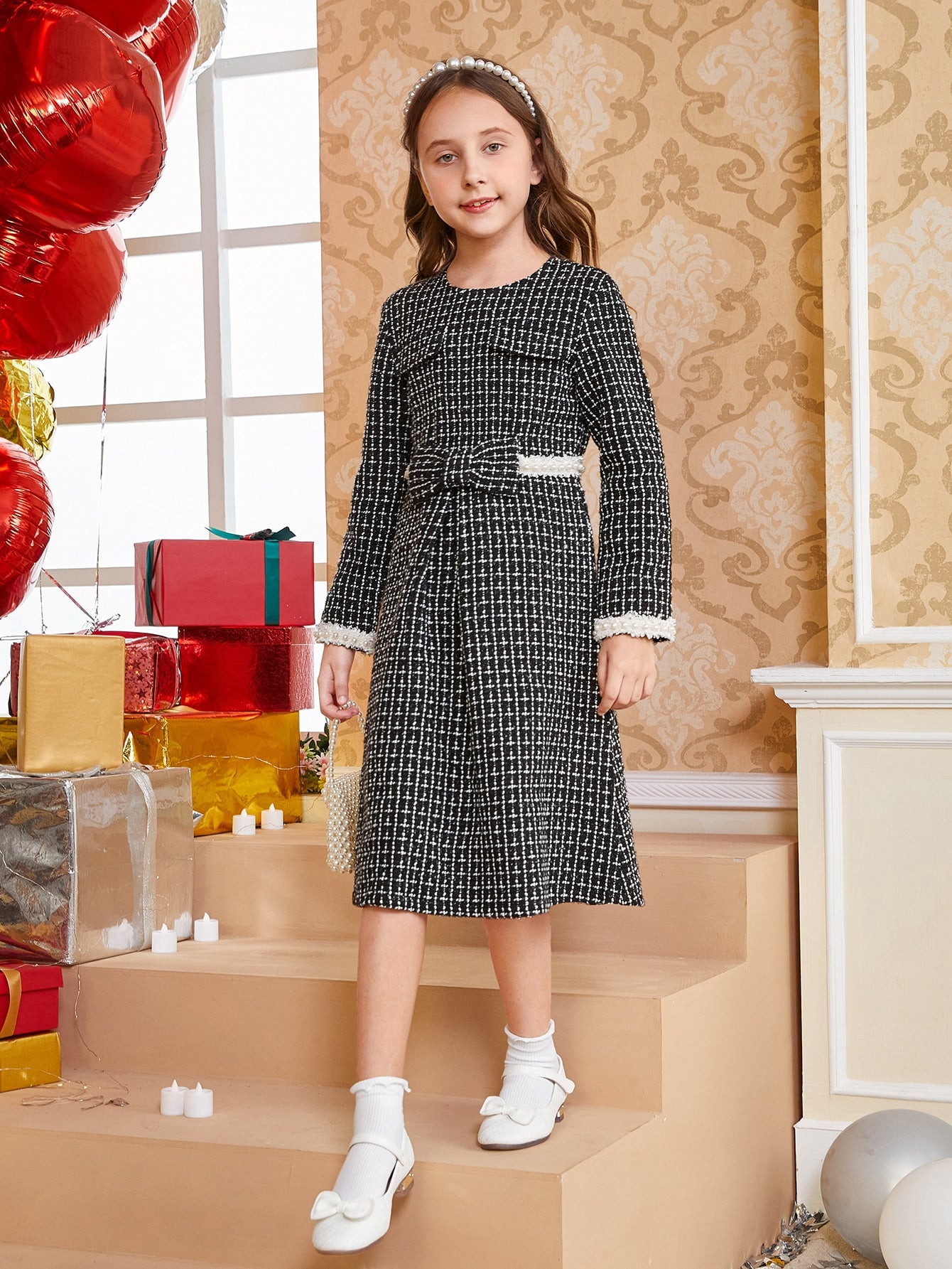 Girls 1pc Plaid Pearls Beaded Bow Front Tweed Dress