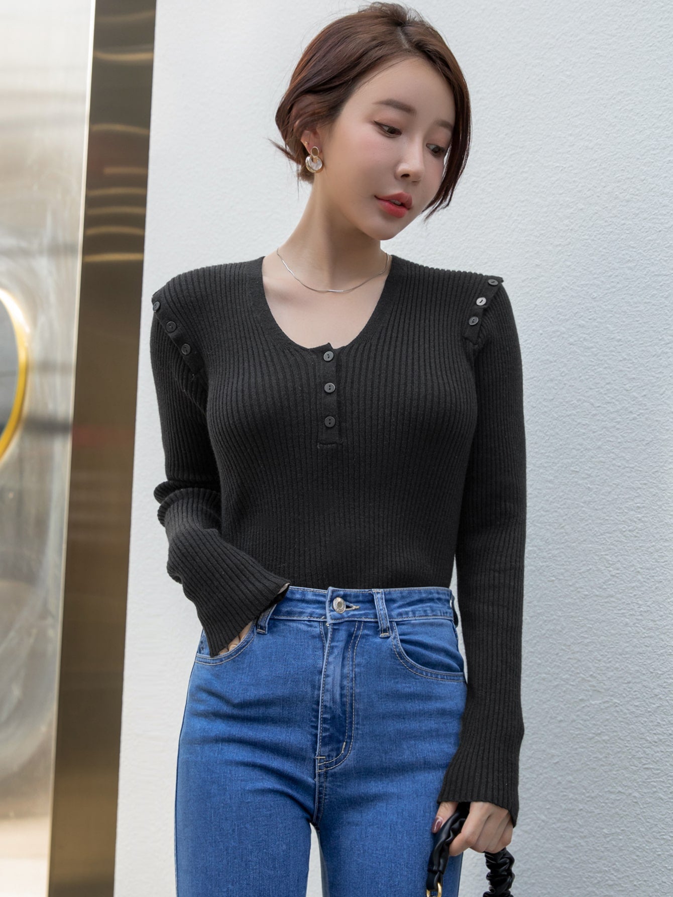 Ribbed Knit Buttoned Shoulder Sweater
