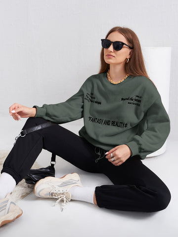 Slogan Embroidery Drop Shoulder Drawstring Flannel Sweatshirt