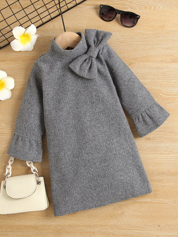Young Girl Bow Front Flounce Sleeve Wool-Mix Dress