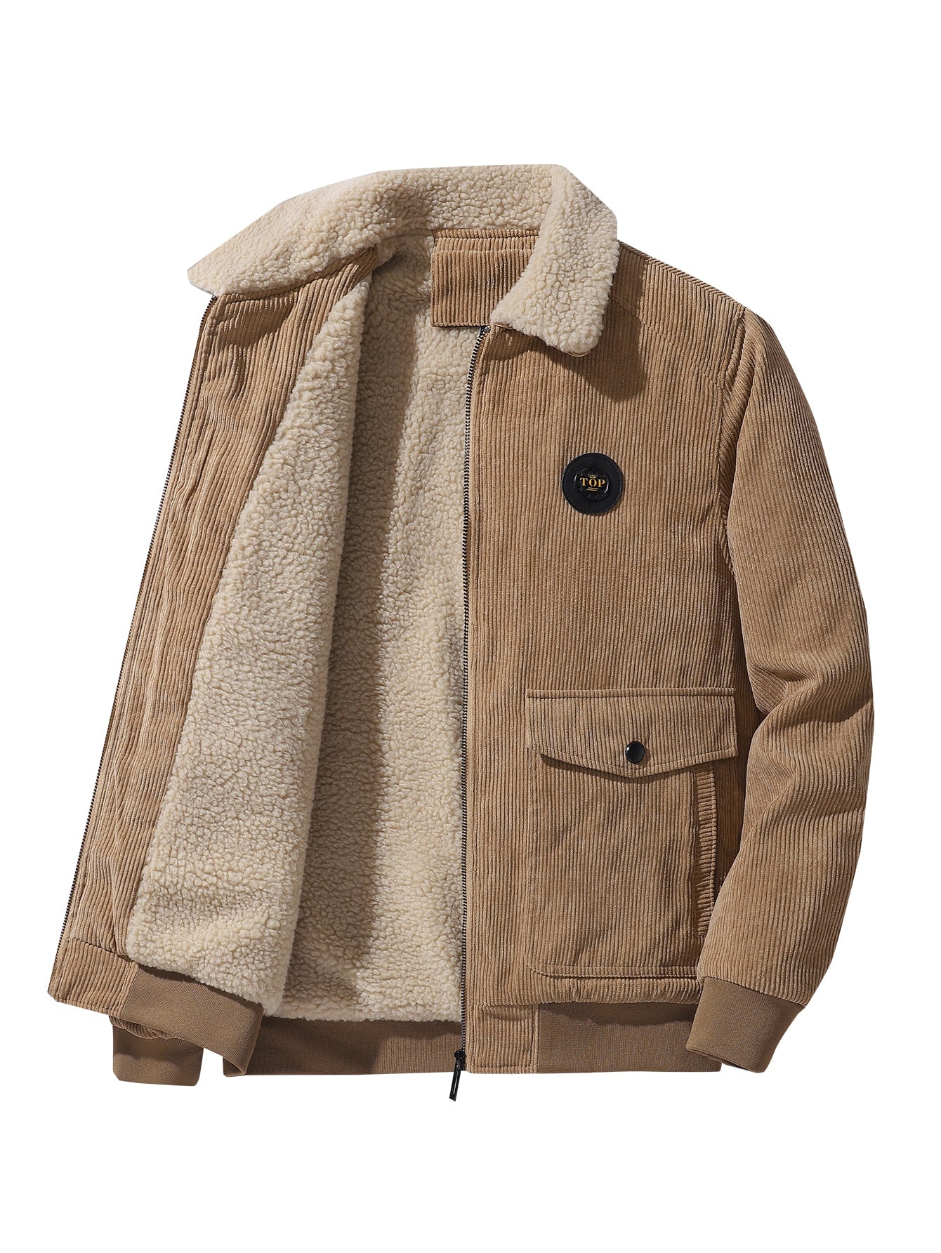 Loose Fit Men's Corduroy Jacket With Letter Patches And Flap Pockets