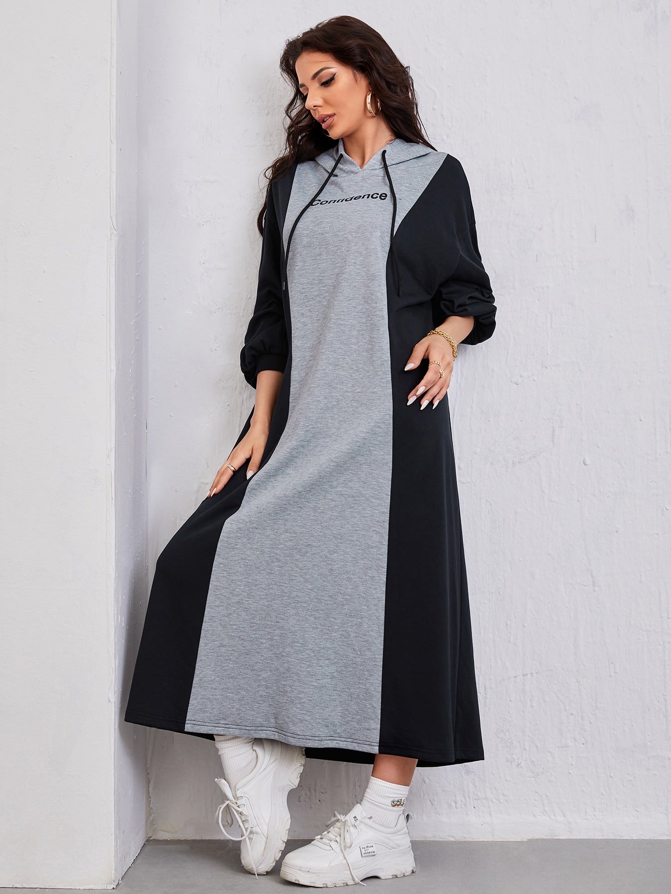 Drop Shoulder Letter Pattern Drawstring Hooded Colorblock Sweatshirt Dress