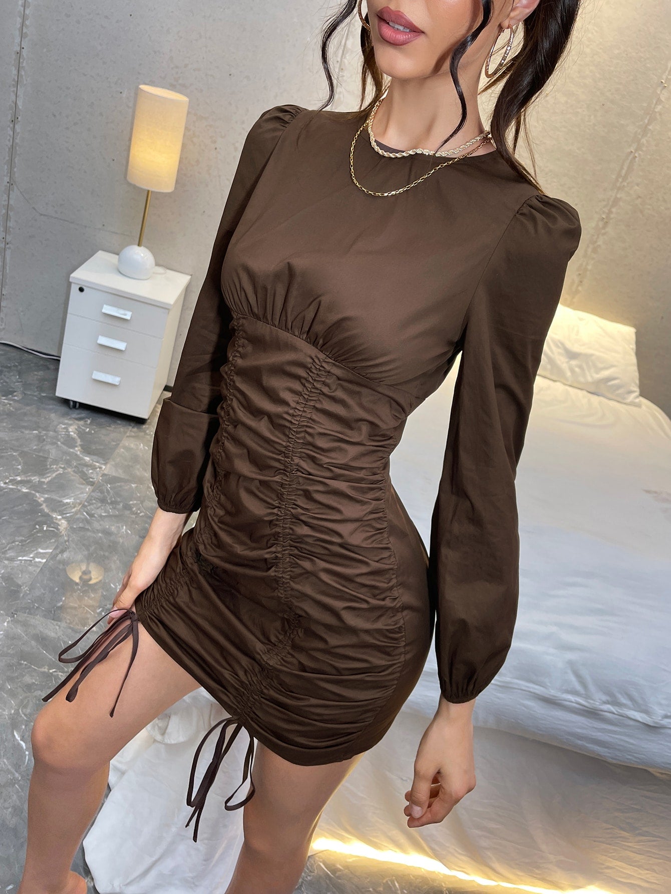 Puff Sleeve Drawstring Ruched Bodycon Dress