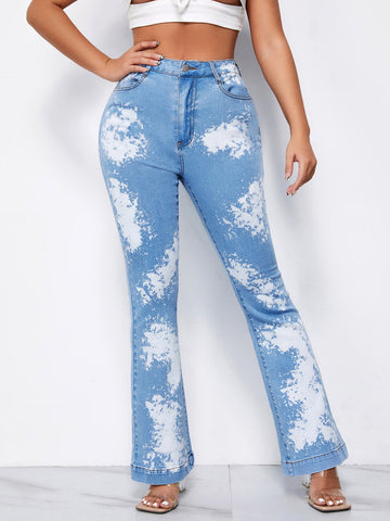 High Waisted Colorblock Flare Leg Jeans