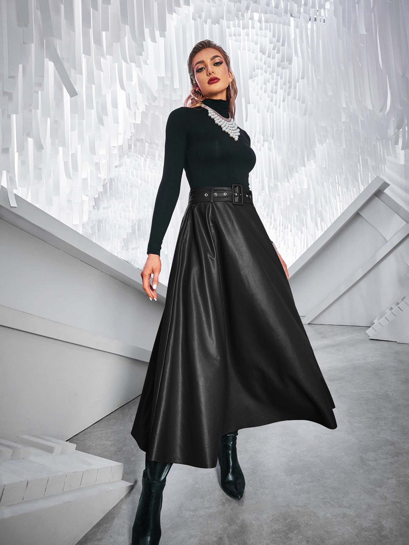 Solid Belted PU Leather Flared Skirt
