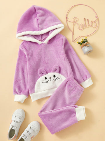 Young Girl Cat Embroidery 3D Ears Design Flannel Hoodie & Sweatpants