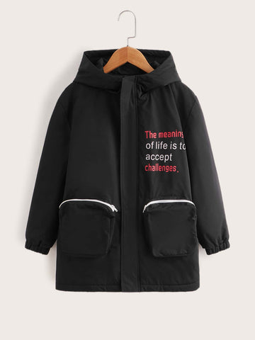 Boys Slogan Graphic Zipper Pocket Hooded Winter Coat