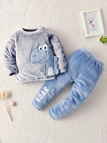 Young Boy Cartoon Embroidery Flannel Top & Pants