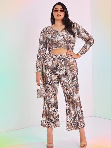 Plus Snakeskin Print Cut Out Crossover Front Flare Leg Jumpsuit