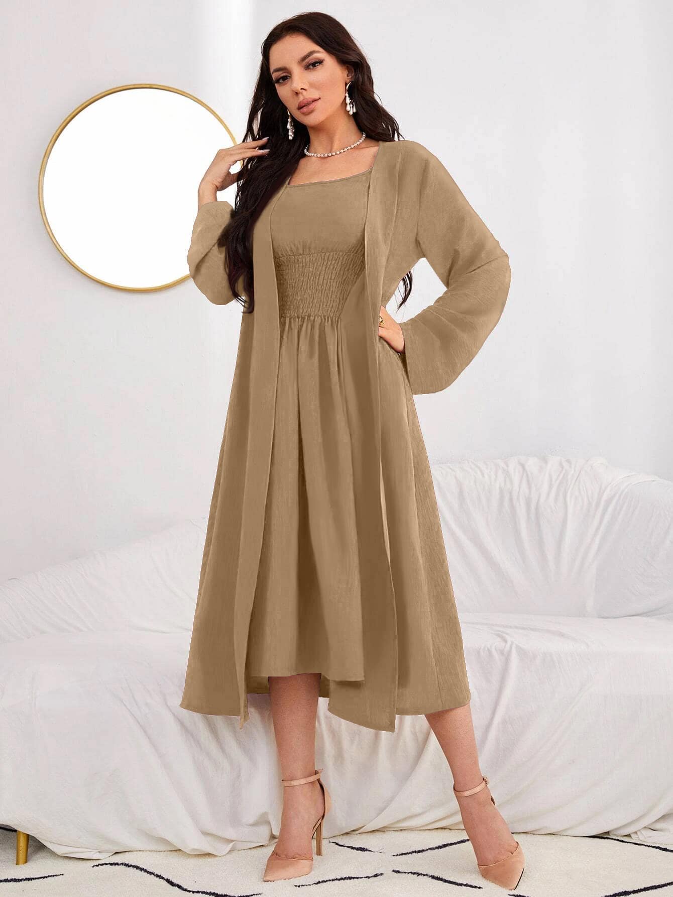 Open Front Coat & Shirred Cami Dress Without Belt