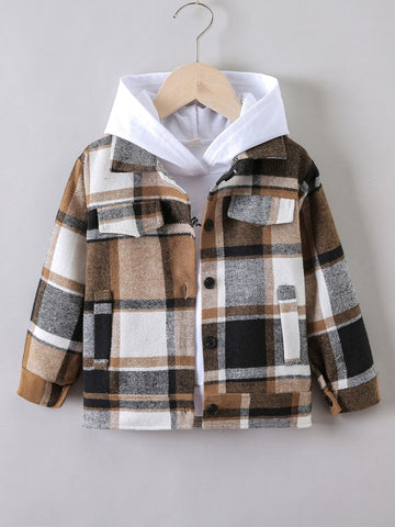 Young Boy Plaid Button Through Flap Detail Overcoat Without Hoodie