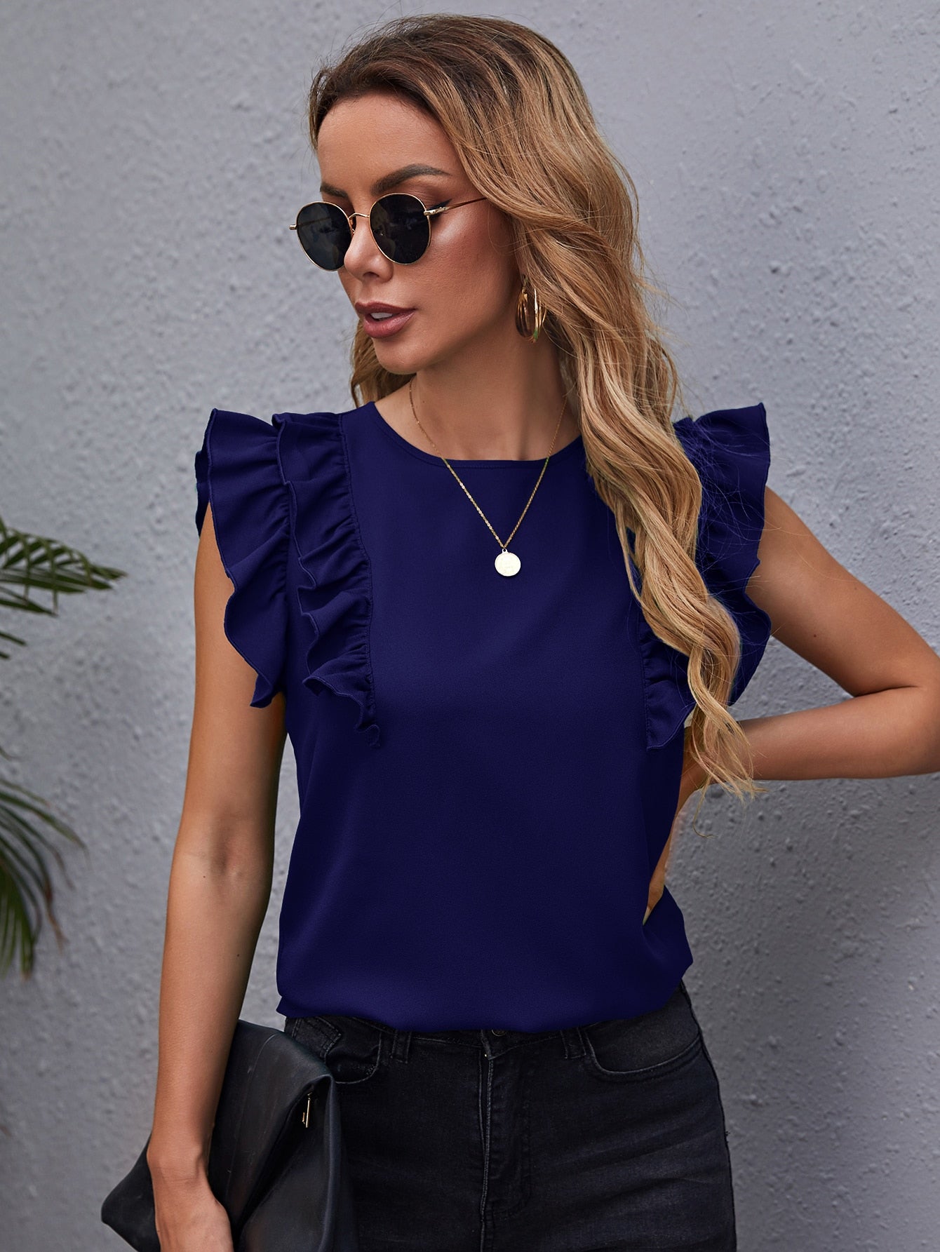 Ruffle Armhole Solid Top