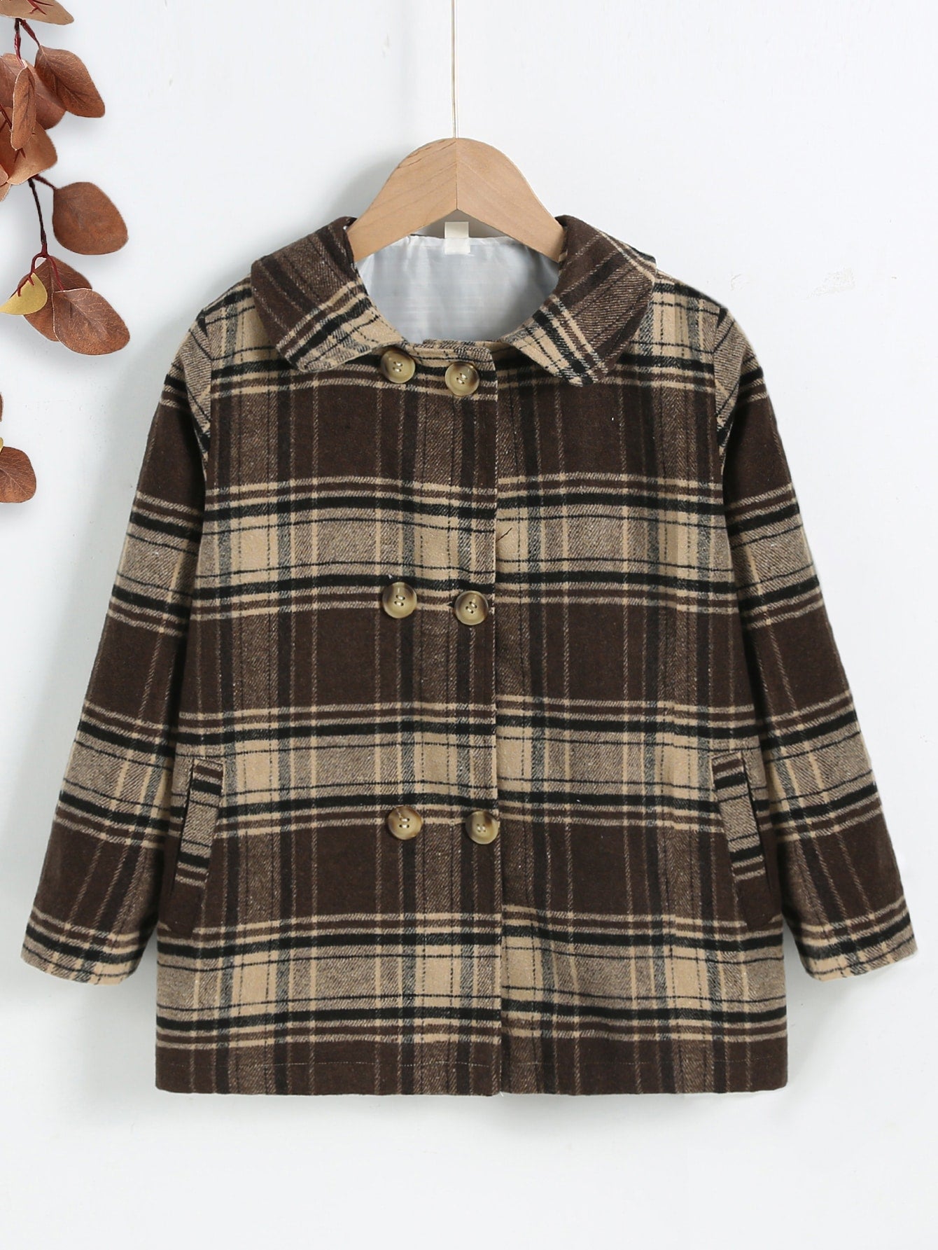 Girls Plaid Pattern Slant Pockets Double Breasted Overcoat