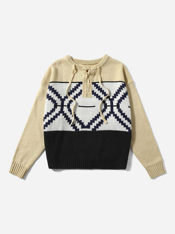 Plus Color Block Lace Up Front Sweater