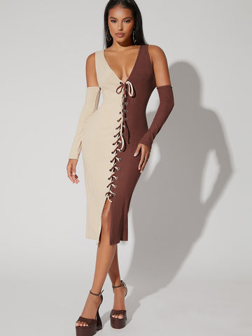 Two Tone Lace Up Front Bodycon Dress & Arm Sleeves