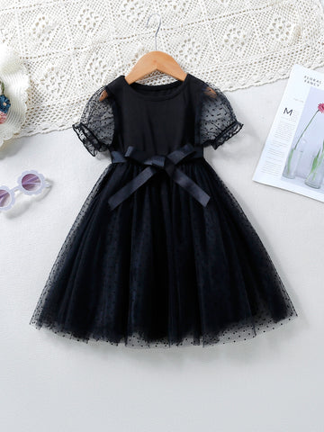 Young Girl Dobby Mesh Overlay Puff Sleeve Belted Dress