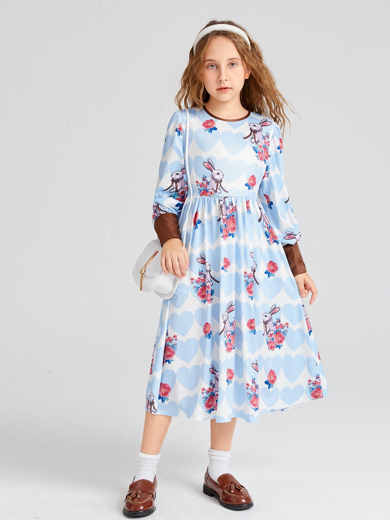 Girls A-Line Rabbit & Floral Print Contrast Trim Dress