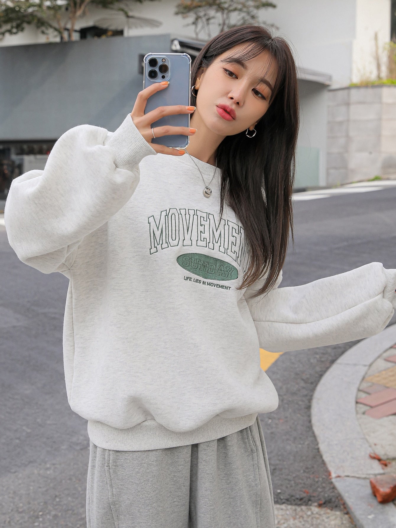 Slogan Embroidery Drop Shoulder Thermal Pullover
