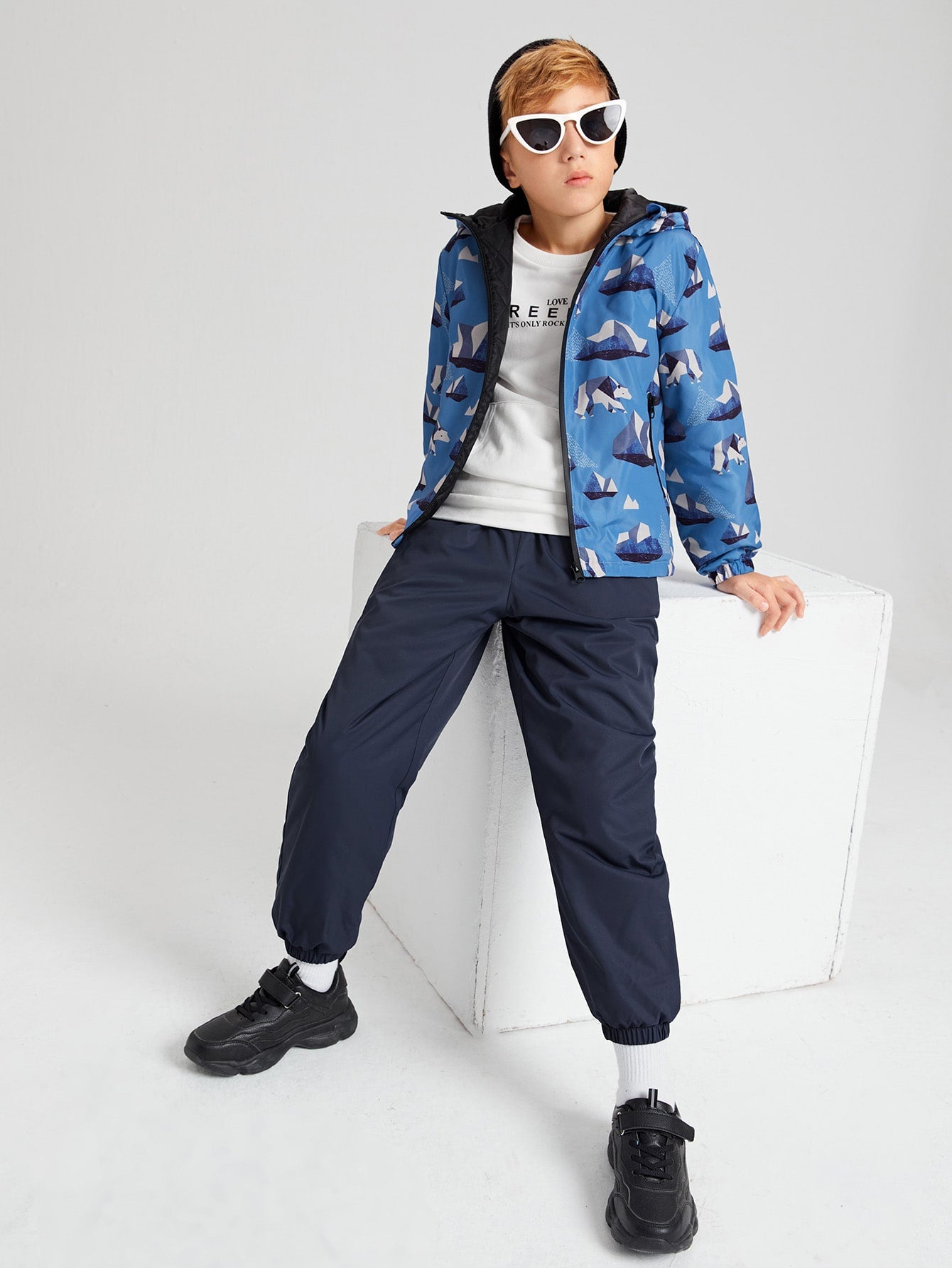 Boys Zip Up Graphic Print Padded Hooded Coat & Pants