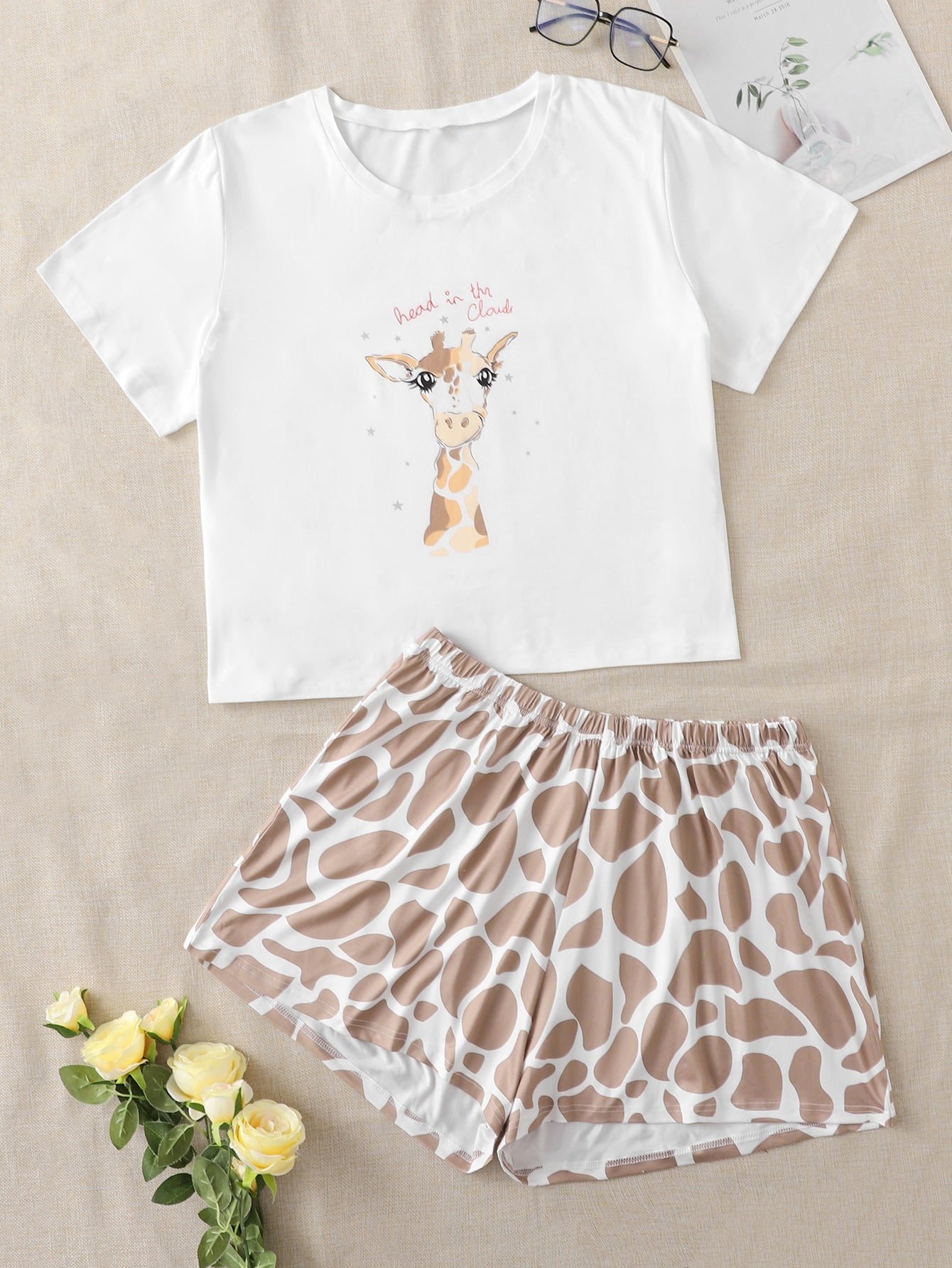 Plus Giraffe And Slogan Graphic Tee & Shorts PJ Set