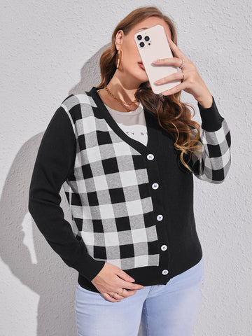 Plus Gingham Pattern Button Front Cardigan