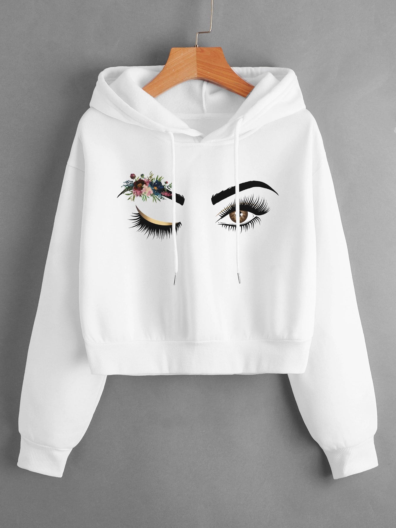 Floral And Figure Graphic Drop Shoulder Drawstring Crop Thermal Lined Hoodie
