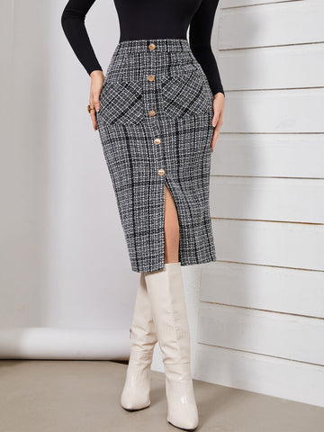 High Waist Plaid Pattern Single Breasted Dual Pocket Tweed Skirt