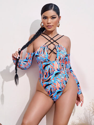 Abstract Pattern Lattice Front One Piece Swimsuit