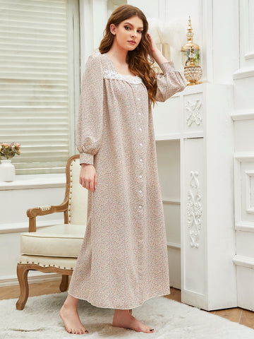 Ditsy Floral Print Guipure Lace Insert Puff Sleeve Night Dress