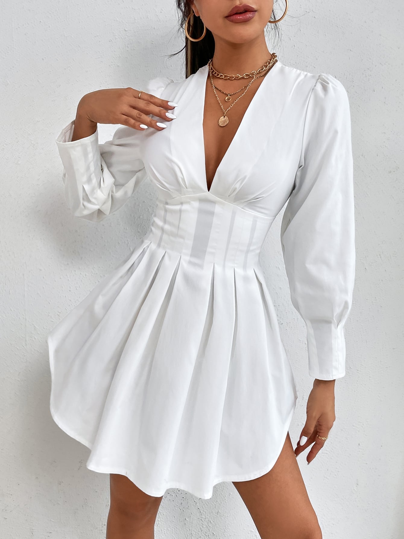Plunging Neck Bishop Sleeve Fold Pleated Dress