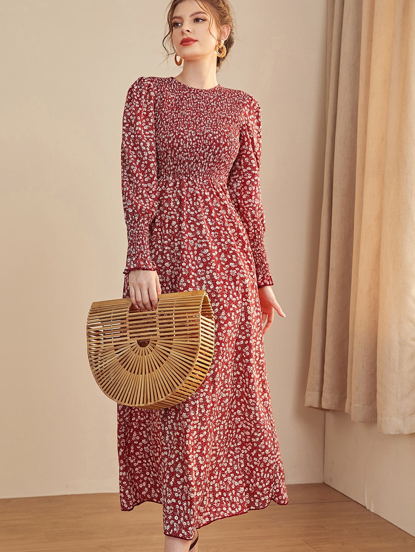 Ditsy Floral Puff Sleeve Shirred A-line Dress