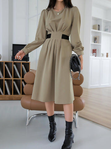 Puff Sleeve Plicated Detail Tie Back Dress