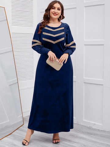 Plus Contrast Guipure Lace Shirred Cuff Lantern Sleeve Velvet Dress