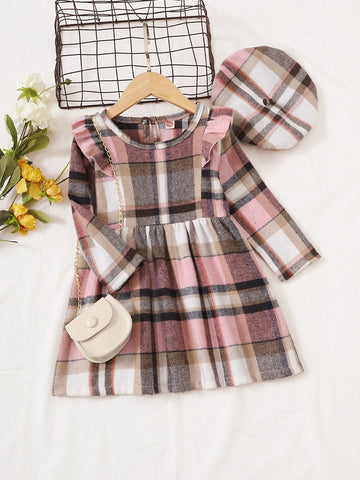 Toddler Girls Plaid Ruffle Trim Wool-Mix Dress & Hat Without Bag