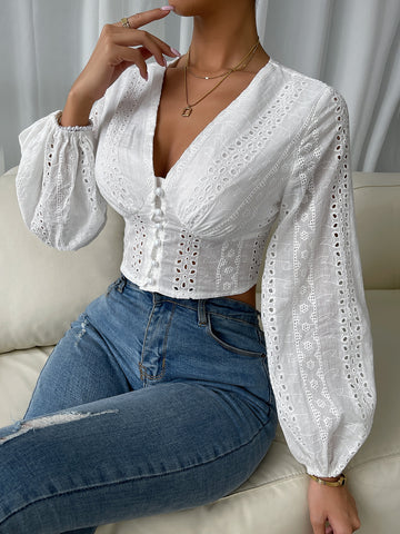Button Front Lantern Sleeve Eyelet Embroidery Crop Top