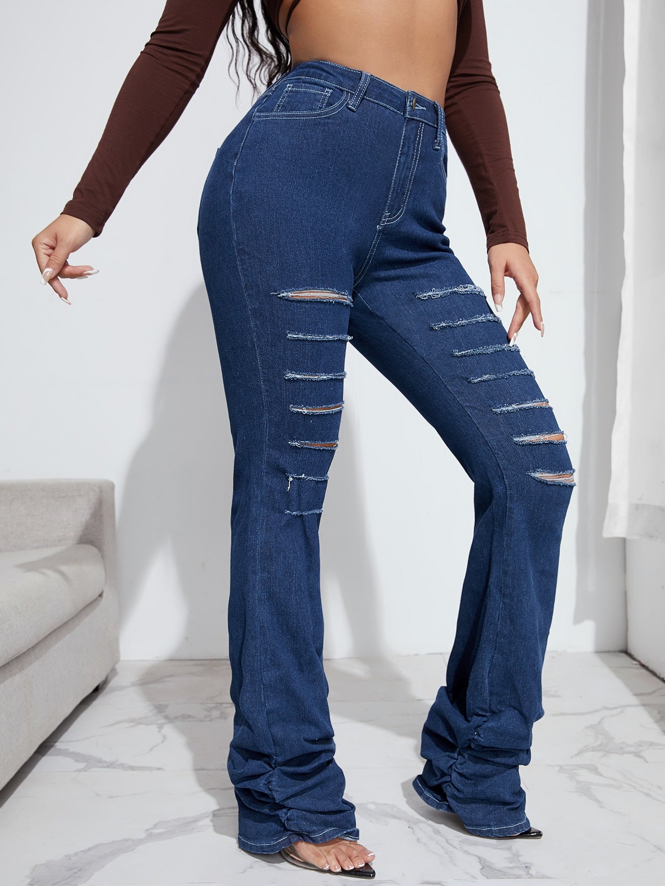 High Waist Ladder Distressed Stacked Flare Leg Jeans