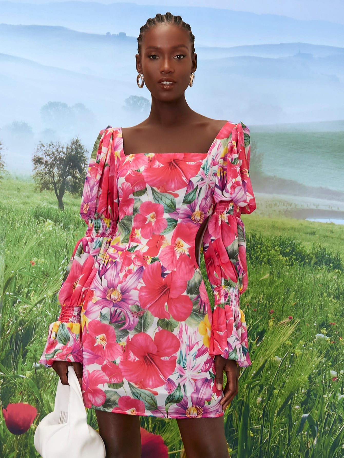 Floral Print Shirred Detail Flounce Sleeve Dress