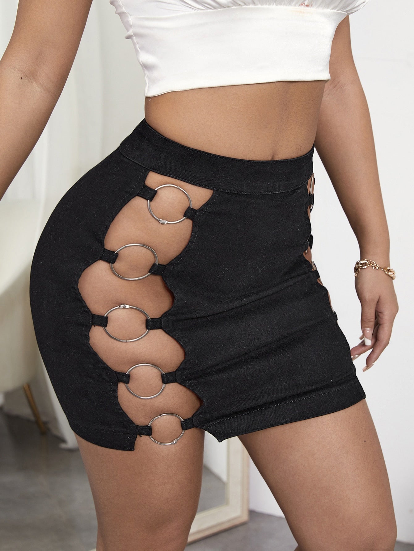 Cut Out Side Bodycon Denim Skirt With O-ring
