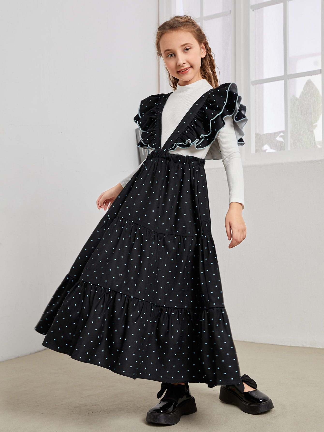 Girls Polka Dot Exaggerated Ruffle Dress & Tee